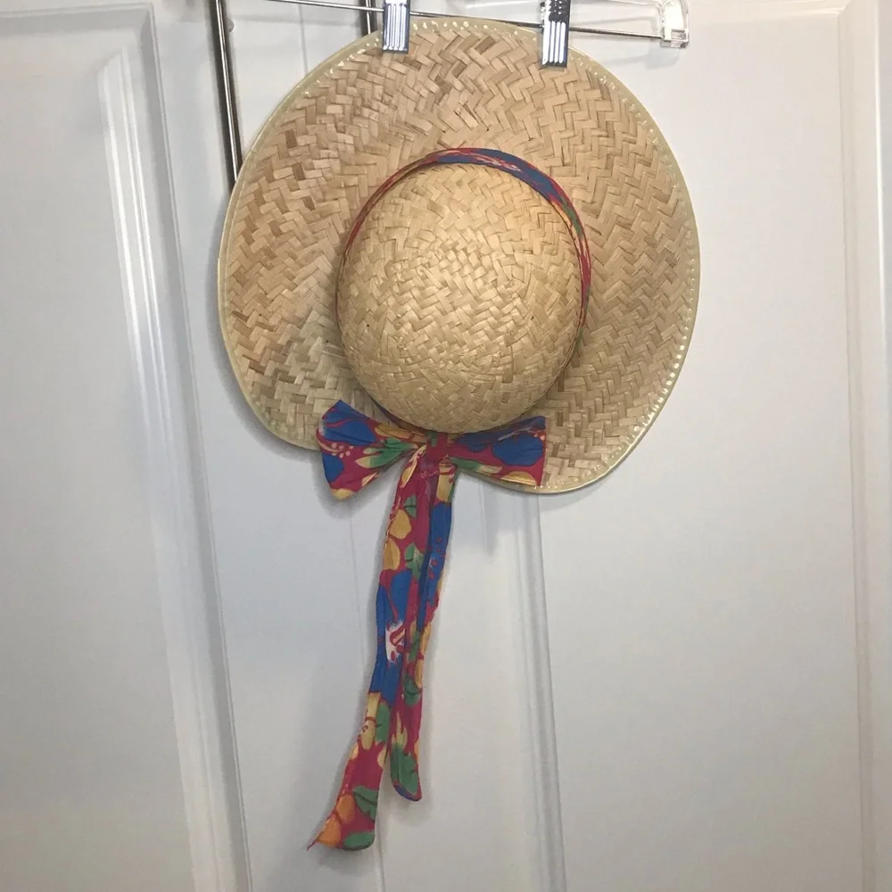 Vintage Straw sun hat Hawaii vibes bow ribbon